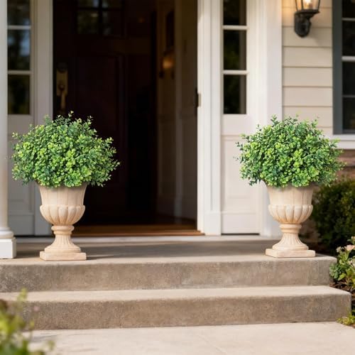 2 sets of artificial boxwood topiary trees for, front angle view