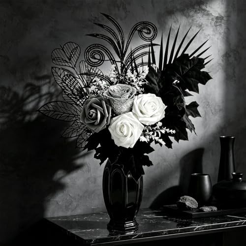 fake flowers for vase, black, white & silver showing dimensions