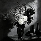 fake flowers for vase, black, white & silver showing dimensions