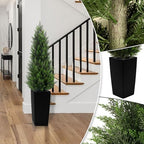 5ft tall 2 pack artificial cedar topiary trees shown in use