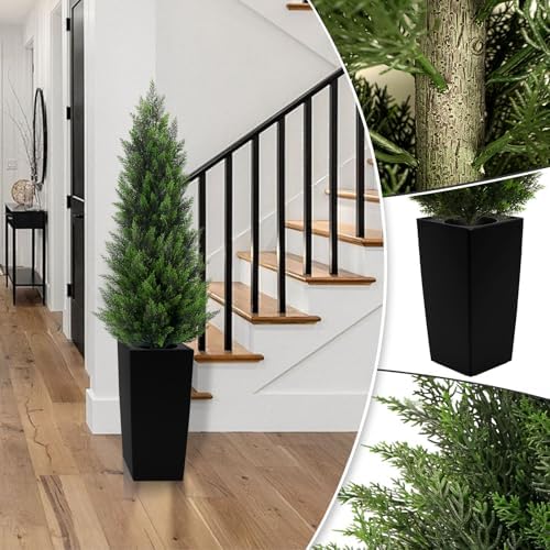 5ft tall 2 pack artificial cedar topiary trees shown in use