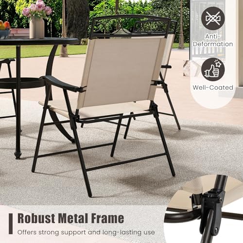 GIANTEX Set of 4 Patio Folding Chairs, Outdoor Dining Chairs for Camping, Beach, Backyard, Deck, Portable Dining Chair w/Armrest and Metal Frame, Beige