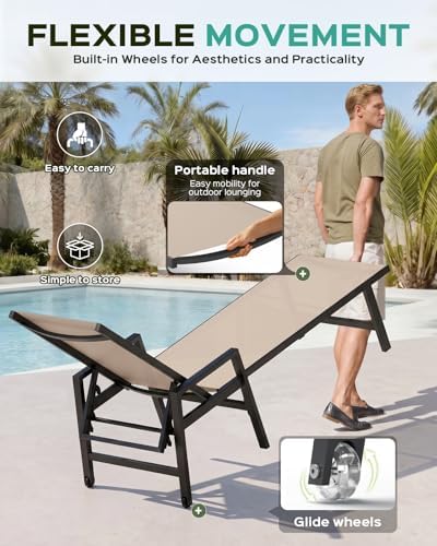 Patio Chaise Lounge Chair Outdoor with Wheels&Armrests, Aluminum Pool Lounge Chairs Set of 2 Five-Position Adjustable Recliner, Outdoor Beach Lounge Chairs for Outside, Patio, Deck, Yard, Khaki