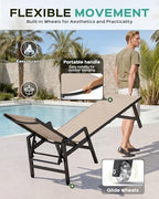 Patio Chaise Lounge Chair Outdoor with Wheels&Armrests, Aluminum Pool Lounge Chairs Set of 2 Five-Position Adjustable Recliner, Outdoor Beach Lounge Chairs for Outside, Patio, Deck, Yard, Khaki