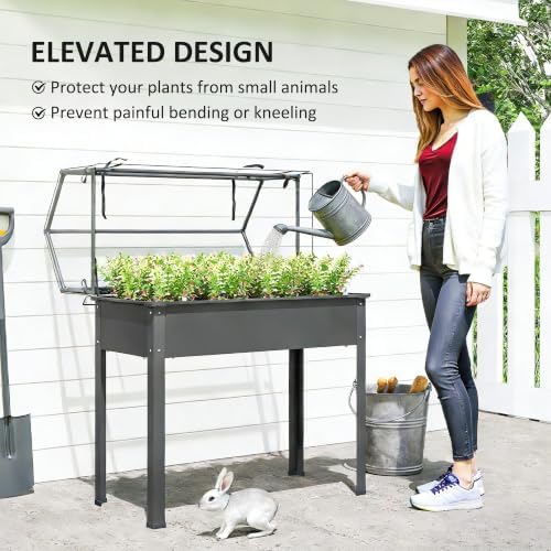 outsunny raised garden bed with flip-up cover, 39.4"x18.9"x48.8", side view