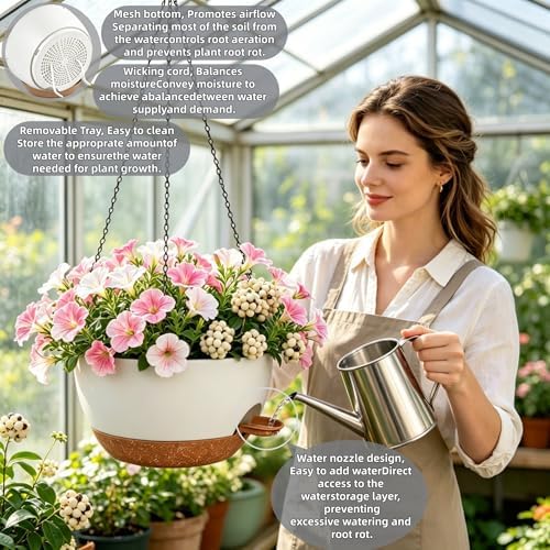 12" self watering hanging planters with chains, white on a desk or shelf
