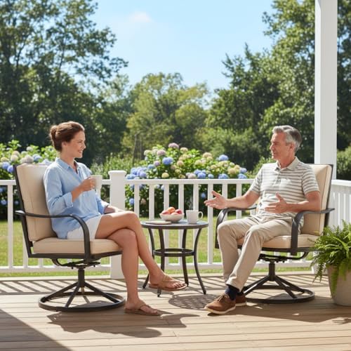 Patio Swivel Chairs Set of 2 Outdoor Swivel Chairs, Beige | Thickened Cushions, All Weather Metal Frame, Comfort Outdoor Height, Sturdy Stable Base, for Garden Lawn Porch, Easy to Clean