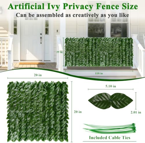 icover artificial ivy privacy screen for fence, 39x118in shown in use