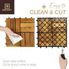 9-piece acacia wood interlocking deck tiles, golden teak, front angle view