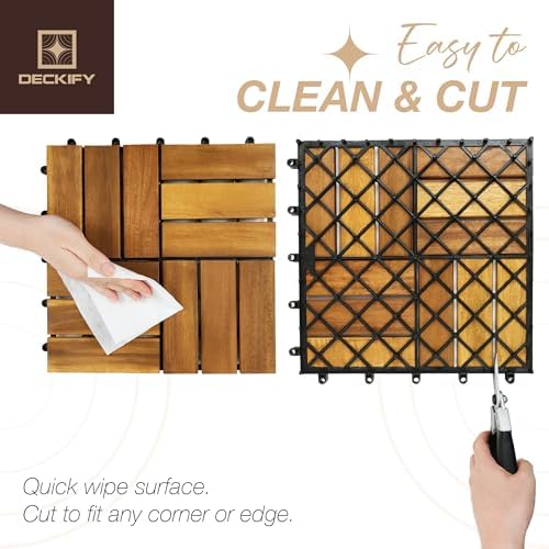 9-piece acacia wood interlocking deck tiles, golden teak, front angle view