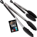 GORILLA GRIP Stainless Steel BPA-Free Kitchen Tongs for Cooking, Heat Resistant BBQ Tong Set of 2, Non Scratch Silicone Tip for Pan, Strong Grip, Grab Food, Toss Salad, Pull Lock, 7+9 Inch, Black