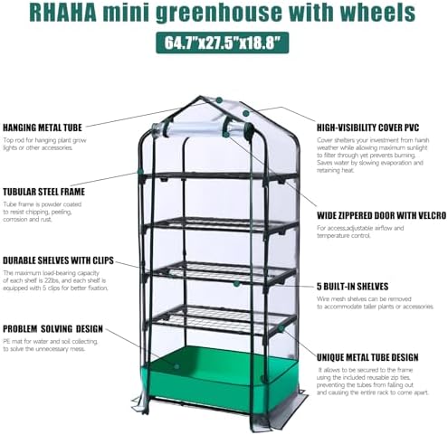 5 tier mini greenhouse with wheels for indoor showing dimensions