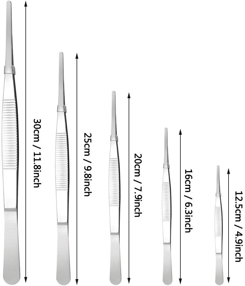 5-Piece Tweezer Set Long Metal Tongs Serrated Forceps - FEITA Stainless Steel Aquarium Plant Tweezers Kit Lab Terrarium Tools