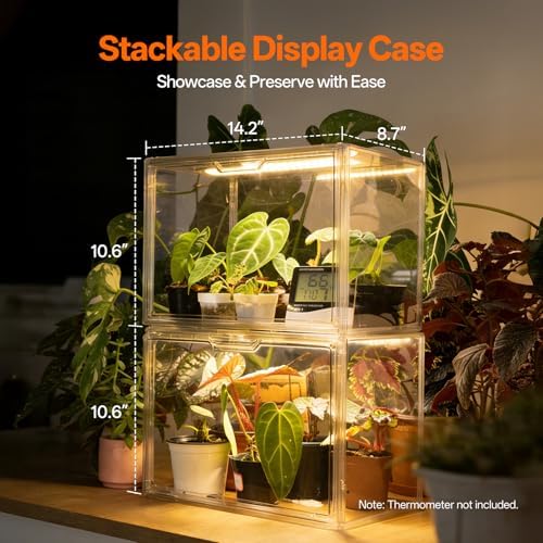 bstrip small tabletop greenhouse with grow light, indoor, close-up detail