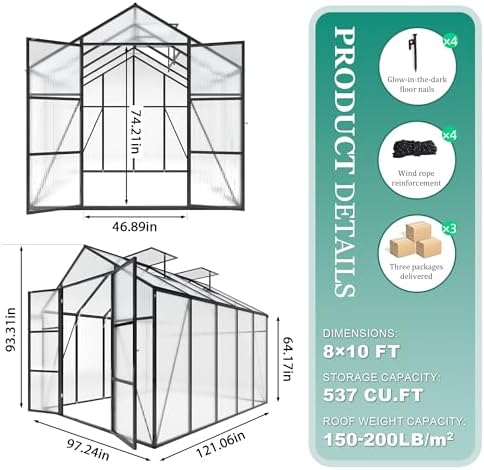 greenhouse for outdoors 8x10x7.8ft, polycarbonate greenhouse with stronger, package contents