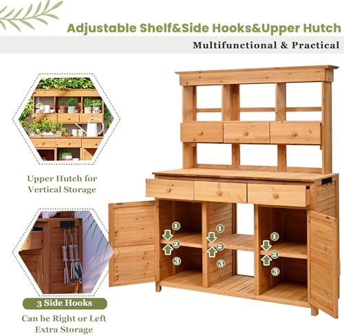 lumisol garden potting bench table with hutch, solid shown in use