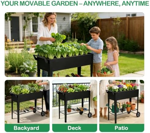 32" tall elevated raised garden bed with wheels, front angle view