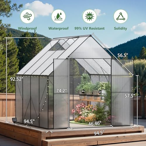 8x8 ft greenhouse for outdoors, heavy-duty polycarbonate greenhouse, close-up detail