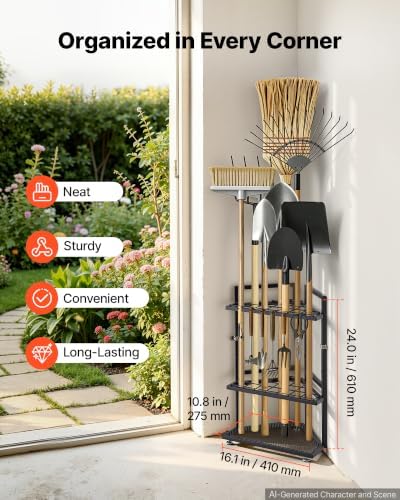 vevor garden tool organizer for corner, 17 slots shown in use
