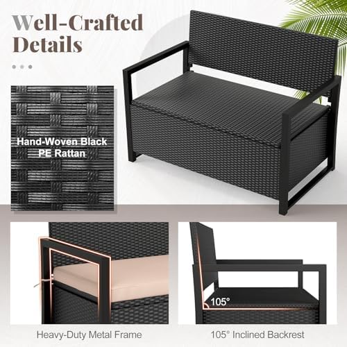 tangkula 40 gallon rattan outdoor bench with storage, front angle view