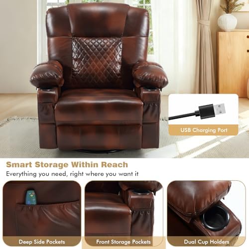 Oversized Swivel Rocking Recliner with Heat Massage Nursery Rocker | Overstuffed, Cup Holders, Nursery Glider, Rocking Reclining Lounge Chair, Swivel Heated Massaging Recliner, Faux Leather