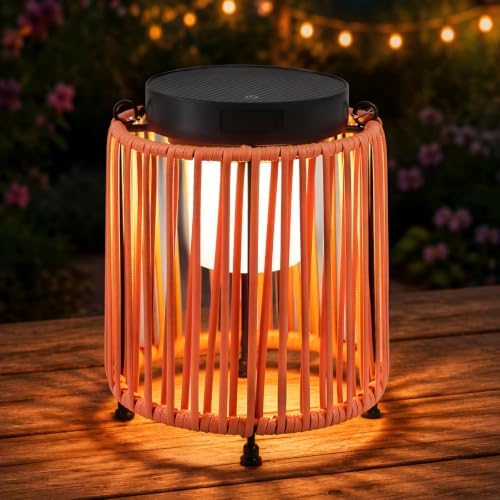 Outdoor Solar Lantern for Patio Waterproof, Rechargeable Table Lamp | Handwoven Wicker Lamp, IP54, 3000mAh, 30+ Hour Runtime, USB-C & Solar Charging for Patio or Indoor, Boho Orange