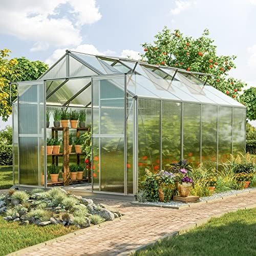 topas 6 7.4x12.6 ft walk in greenhouse, clear shown in use