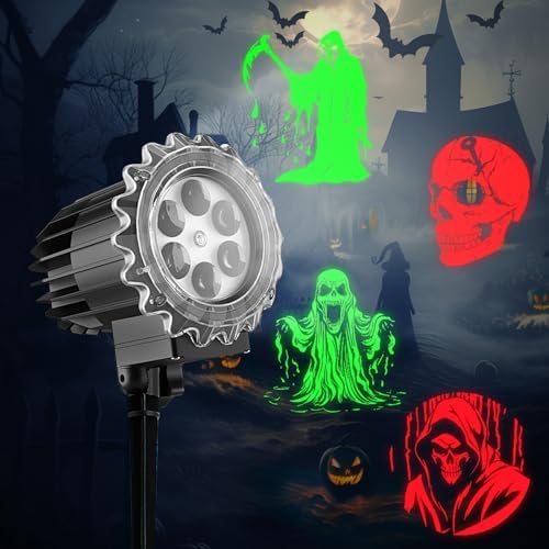 Halloween Projector Lights Outdoor Indoor - 3D Dynamic Red & Green Skull Ghost Skeleton Projector Decorations Lights, Waterproof Halloween Party Light for Window, Garden, Ground, Roof,Halloween Decor
