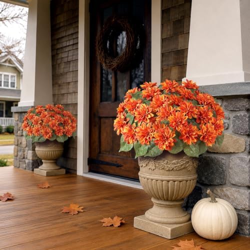 2 set fall artificial dahlia topiary ball trees, close-up detail