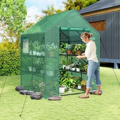 giantex walk-in greenhouse, gardening plant tent with roll-up shown in use