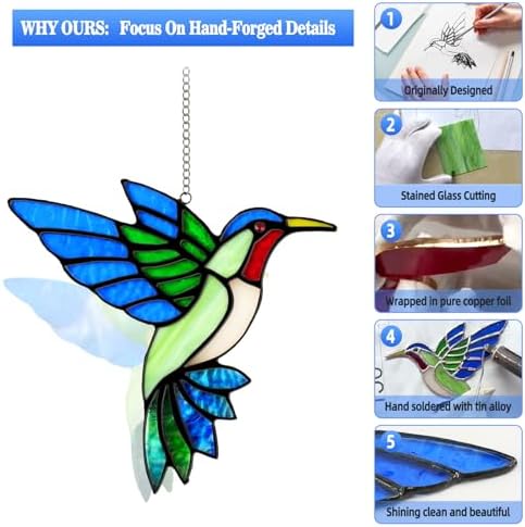 hummingbird stained glass window hanging suncatchers,gifts for women, close-up detail