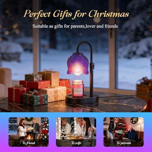 Flower Candle Warmer Lamp, Timer & 4-Level Dimmer, Adjustable Height | Flameless Electric Wax Warmer for Jar Candles, Includes 2 Bulbs, Wooden Base,Blue, Gift for Mom & Women, Housewarming