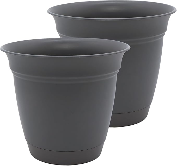 The HC Companies 16 Inch Eclipse Round Planter Pots with Drainage Holes & Attached Saucer, Lightweight UV-Resistant Plastic Indoor & Outdoor Planters, 2-Pack Flower Pots, Garden Home Decor, Warm Gray
