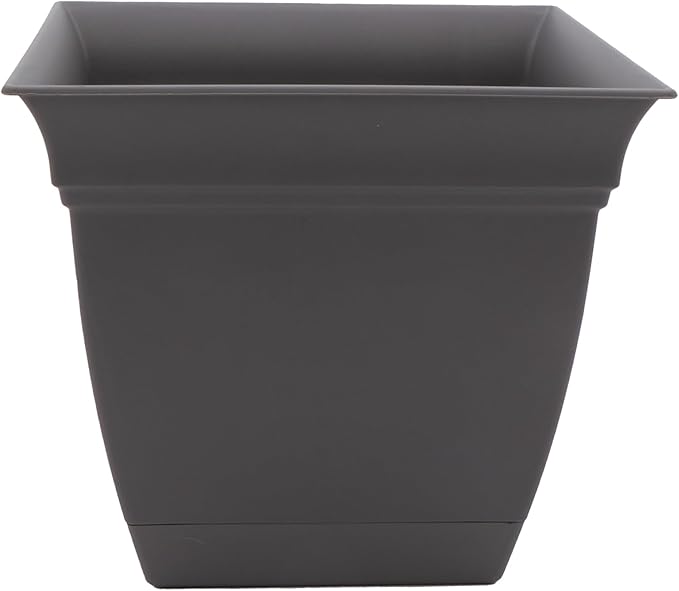 The HC Companies Eclipse Square Plastic Planter w/ Attached Saucer - Outdoor & Indoor Plant Pot with Drainage Holes - Lightweight, UV-Resistant Plastic Pots For Plants (10" Warm Gray, Pack of 1)