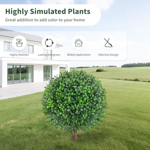 25" artificial boxwood topiary ball tree with ground, close-up detail