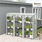 outsunny lean-to greenhouse with 3 tier shelves 84.6" shown in use