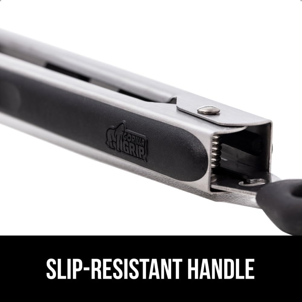 GORILLA GRIP Stainless Steel BPA-Free Kitchen Tongs for Cooking, Heat Resistant BBQ Tong Set of 2, Non Scratch Silicone Tip for Pan, Strong Grip, Grab Food, Toss Salad, Pull Lock, 7+9 Inch, Black