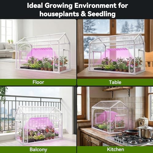 mini greenhouse with grow light, timer & hygrothermograph, front angle view