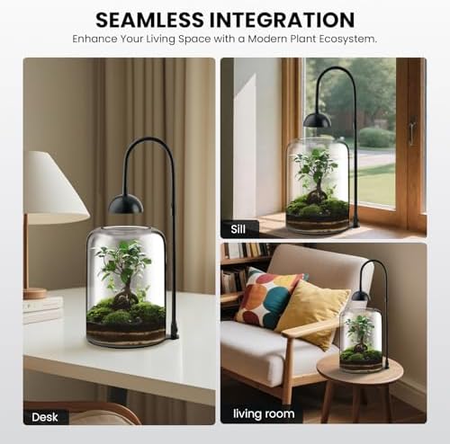 glass plant terrarium, led grow light, adjustable ventilation, side view