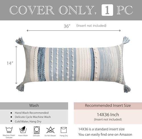 blissblush coastal blue decorative lumbar pillow cover 14x36 showing dimensions