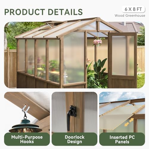 aoxun 6x8 ft wooden greenhouse for outdoors, 6mm, side view