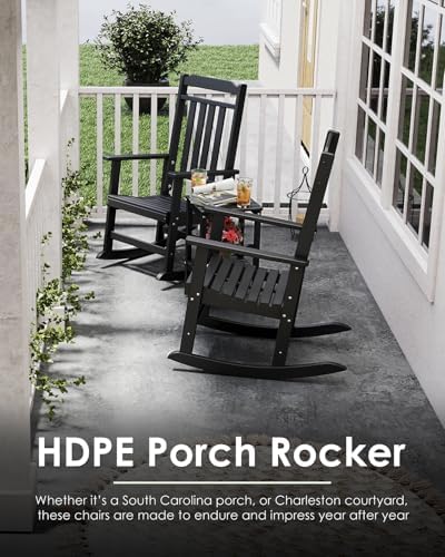GREENVINES Classic Outdoor-Rocking-Chairs-Set-of-2, HDPE Rocker, Black | 30.3" High Back | All Weather Porch Chairs Plastic | Heavy Duty | 20.5" Wide Seat | Big & Tall | for Patio Balcony Deck