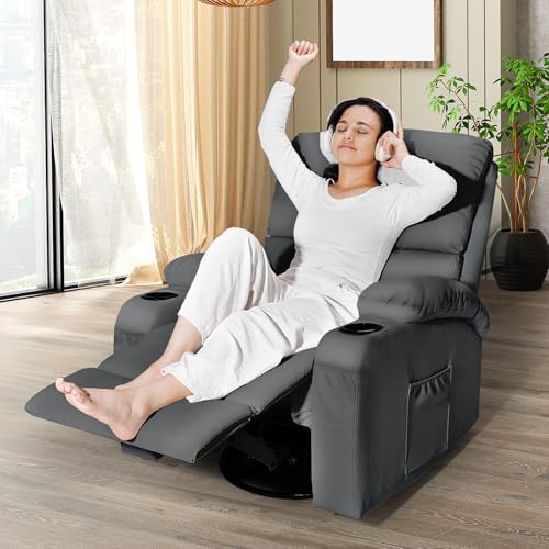 Rocking Recliner Chair, Massage Rocker Recliner Chair with Vibration Massage and Heat, 360° Swivel Faux Leather Chairs, Living Room, Bedroom, Nursery, RV, Dark Grey