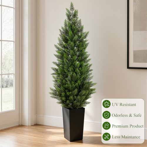 5ft artificial topiary trees with black planter, tall, front angle view