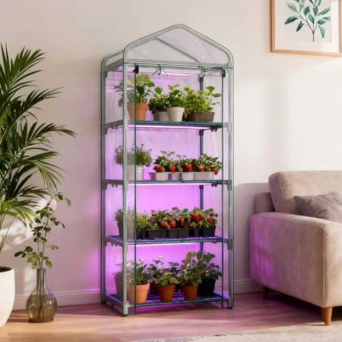 sunyrisy 4 tier indoor/outdoor greenhouse with grow lights shown in use