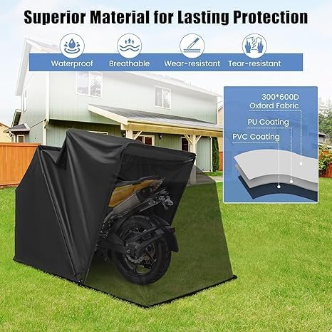 goplus motorcycle shed with expansion bolts, waterproof motorcycle shown in use