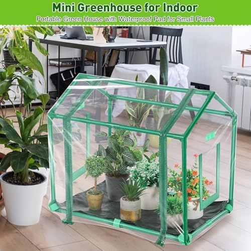 mini greenhouse with potting mat for indoor plant showing dimensions