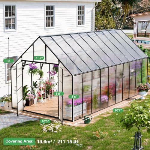 cdcasa 20x10x10 ft polycarbonate greenhouse for outdoors w/4, front angle view