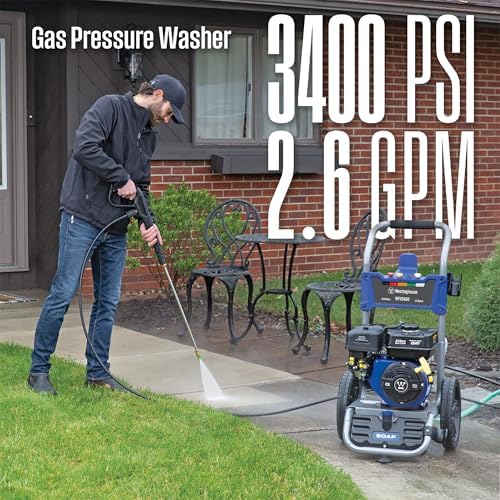 westinghouse wpx3400 gas pressure washer, 3400 psi and shown in use