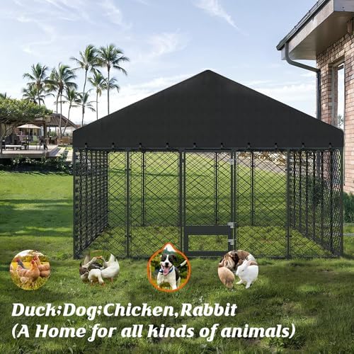 10x14ft outdoor dog kennel with roof and feeding on a desk or shelf